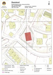Basiskart fra Bergen kommune som viser eiendomsgrenser, bygninger, høydekurver og infrastruktur for eiendommen 119/605.