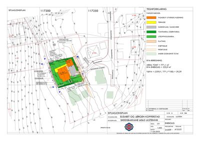 Situasjonsplan som viser tomtens beliggenhet, topografi, naboeiendommer og planlagt bebyggelse med fargekoding for ulike arealer.