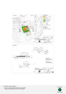 Bildet viser en situasjonsplan med en oppriss (fasade) av bygningen. Situasjonen viser tomme, vegger og naboeiendommer, mens opprisset viser fasadeutsnittet.