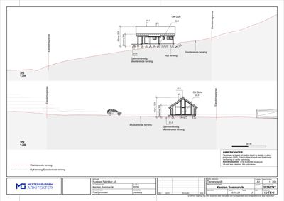 Tegning som viser tverrsnitt gjennom en bygning (terrensnitt) med høydemål og terrengforhold.