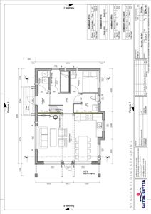 Etasjeplan (plan 01) for en leilighet med romfordeling, dimensjoner og fasadeindikasjoner.