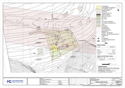 Situasjonsplan som viser tomtens form, bebyggelse, vegnett og arealutnyttelse.