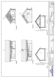 Fasadetegning og snittegning av en hytte (Fasade 1-4 og Snitt A-A2).