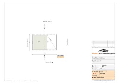 Fasadetegning som viser bygningens utseende fra fire sider (Nord, Vest, Sør, Øst) med mål og en snittlinje.
