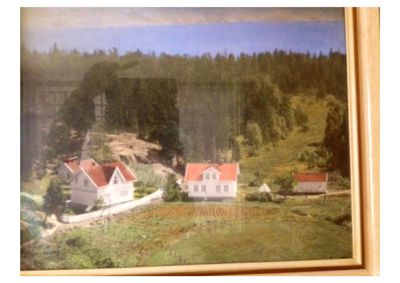 Fotografi av et landskap med flere hus, en skog og et åkerfelt.