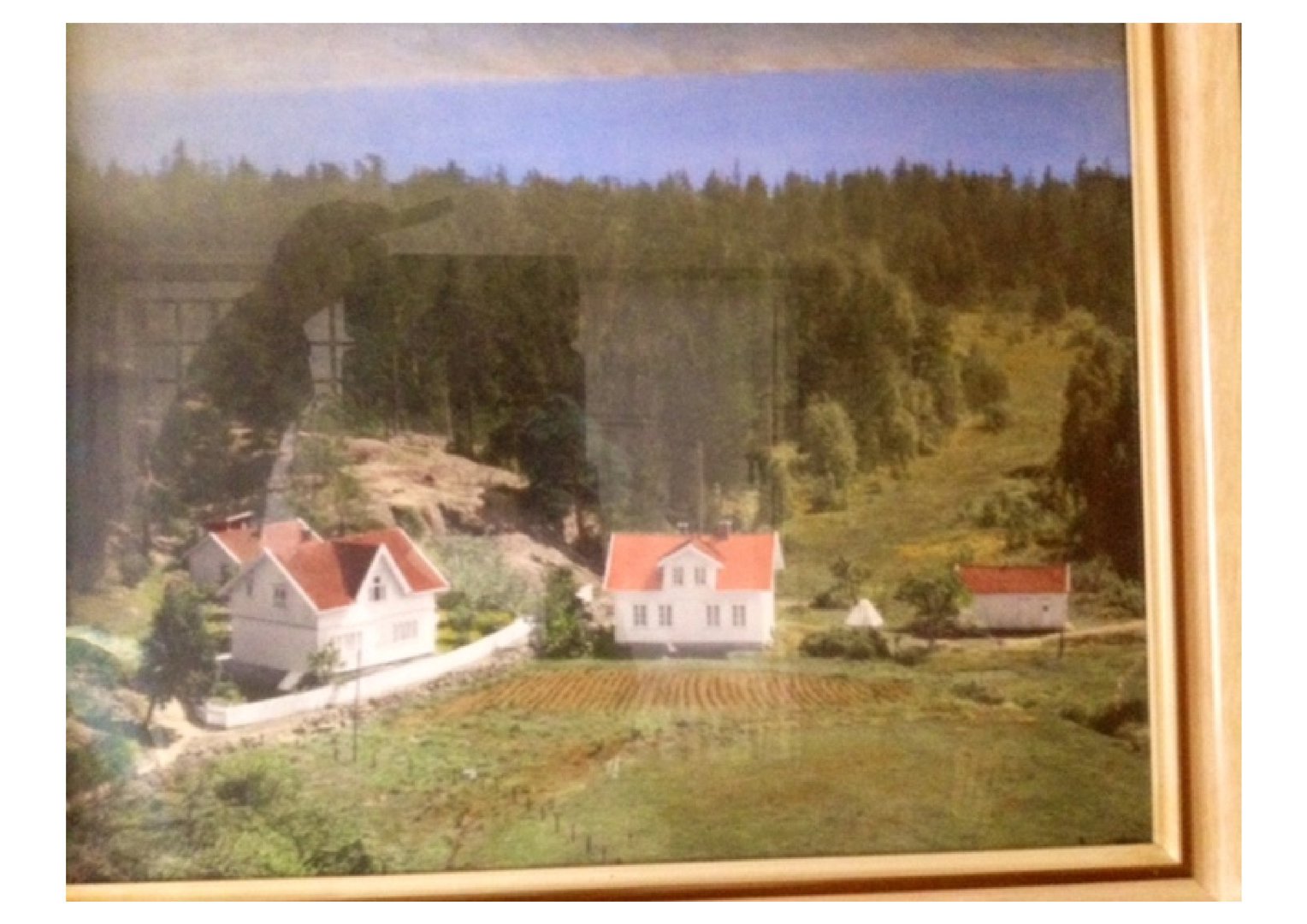 Fotografi av en modell med hus og landskap, sannsynligvis fra et utstillingsvindu.