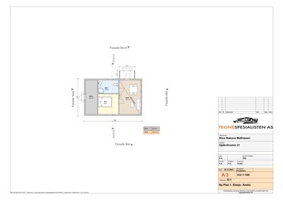 Etasjeplan (A3) for en bolig ved Gjakvikveien 21, som viser romfordeling, fasader og mål.