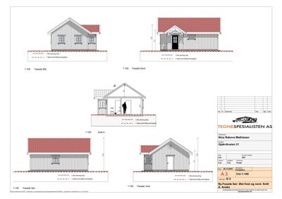 Fasadetegninger som viser bygningens utseende fra fire sider (Øst, Nord, Sør, Vest) samt et snitt (Snitt A). Tegningen inkluderer mål og detaljer om tak og grunnmur.
