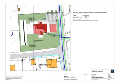 Situasjonsplan som viser tomtens beliggenhet, arealoppdeling (uberørt terreng, byggegrense, eksisterende massevoll) og nabotomter.