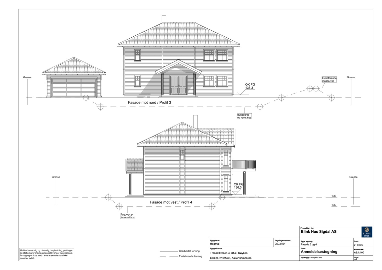 Fasadetegning som viser bygningens utseende fra nord og vest, inkludert takform, vinduer, dører og terrasser.