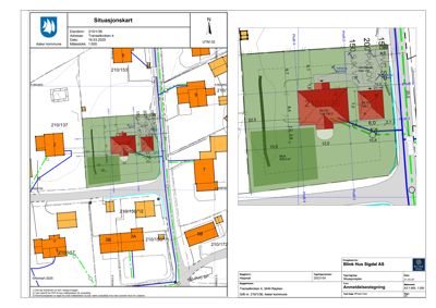 Situasjonskart som viser tomtens grenser, nabotomter, veier og eksisterende/planlagt bebyggelse med arealopplysninger.