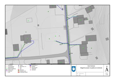 Situasjonsplan som viser tomt, bygninger, veier og vannledninger med orientering.