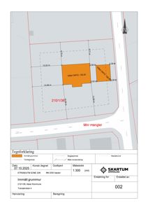 Situasjonsplan som viser eiendomsnummer (210/1/36), tomtegrenser, innmålt grunnmur og målestokk.
