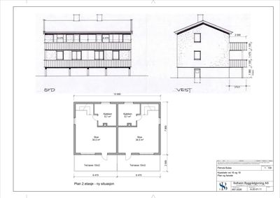 Tegning som viser fasadeopprikk (vest og syd) og etasjeplan for 2. etasje.