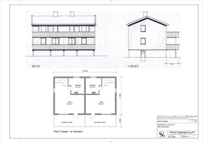 Tegning som viser fasadeopprikk (SYD og VEST) og en situasjonsplan for etasjen.