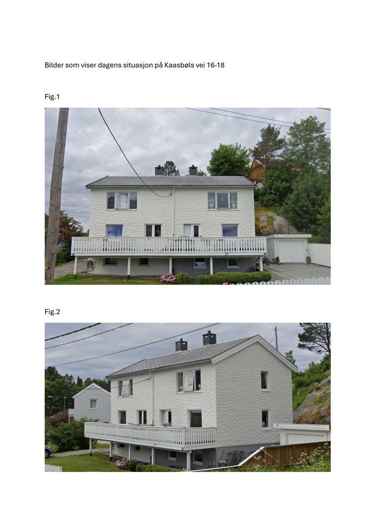Fotografier av en eksisterende bygning (en villa) på Kaasbøls vei 16-18, som viser fasade og situasjon.