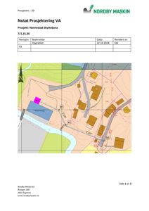 Situasjonsplan som viser tomtens topografi, eksisterende og planlagte bygninger, veier og vannløp.