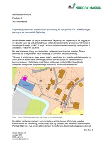Situasjonsplan som viser plassering av nytt bygg (skytterbanen) i forhold til eksisterende bebyggelse og vassdraget Rotua, samt planlagte vann- og spillvannsledninger.