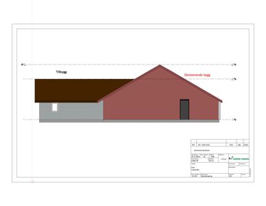 Fasadetegning som viser en eksisterende bygning og et tilbygg med oppriss av tak og fasade.