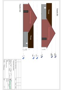 Fasadetegning som viser oppriss av bygningen sett fra øst og vest, med angivelse av eksisterende og tilbygget deler.