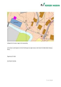 Et utklipp fra en VA-plan (vann- og avløpsplan) som viser tomtens topografi, vannløp og anleggsforhold.