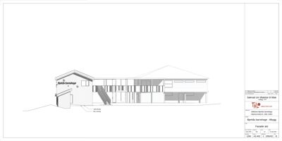 Fasadetegning som viser bygningens utseende fra en bestemt vinkel, inkludert takform, vinduer og inngang.