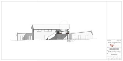 Fasadetegning (opprikk) av en bygning sett fra nord.