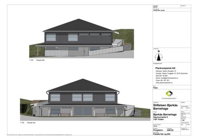 Fasadetegning som viser bygningens utseende fra sør og øst.