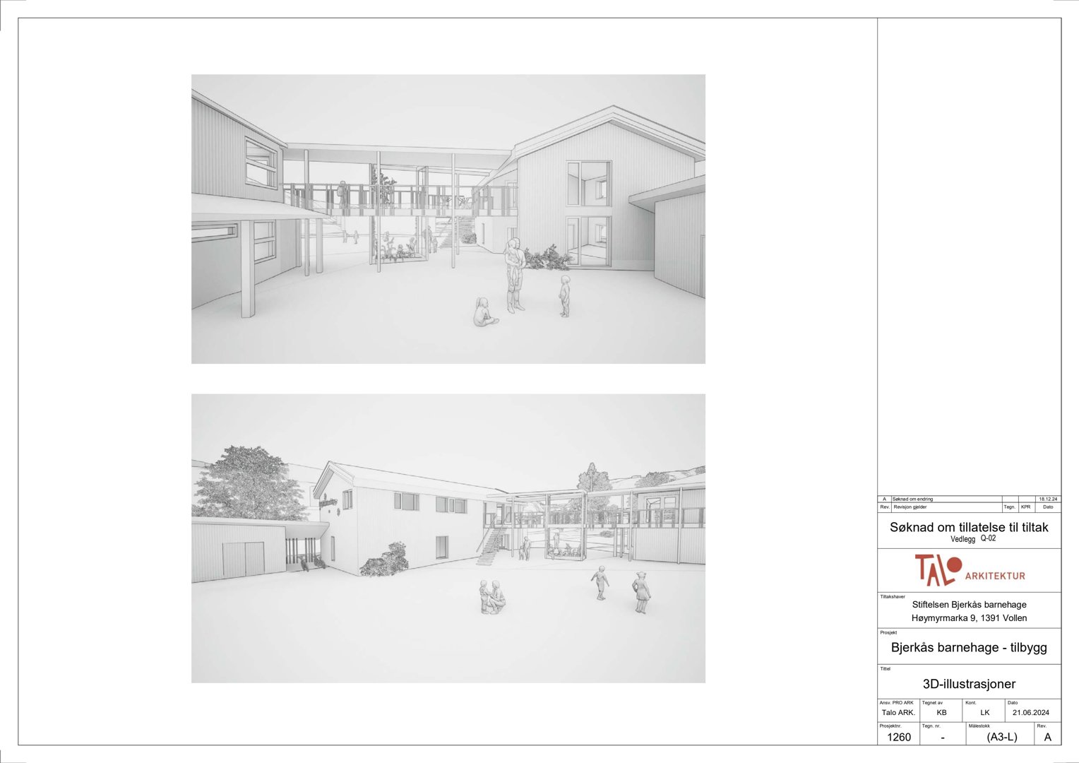3D-visualisering (rendering) av et barnehageprosjekt, vist i to perspektiver: et innvendig utsnitt og et utvendig fasadeutsnitt.