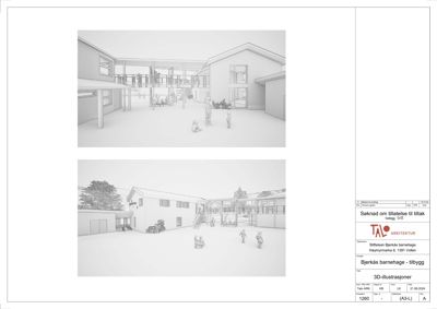 3D-visualisering (rendering) av et barnehageprosjekt, vist i to perspektiver: et innvendig utsnitt og et utvendig fasadeutsnitt.