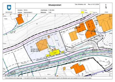 Situasjonskart som viser eiendomsforhold, nabobebyggelse og planlagt inngrep for Høymyrmarka 9.