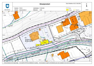 Situasjonskart som viser eiendomsforhold, nabobebyggelse og planlagt inngrep for Høymyrmarka 9.