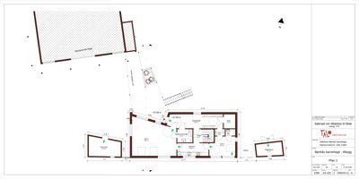 Etasjeplan (Plan 1) som viser romfordeling, vegger og innredning for en bygning.