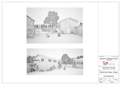 3D-visualiseringer (renderinger) av et planlagt barnehagebygg med omgivelser, inkludert trær og personer for skala.