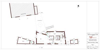 Etasjeplan (Plan 1) som viser romfordeling, vegger og innvendige mål for en bolig.