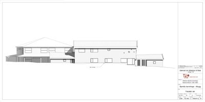 Fasadetegning (opprikk) av et bygg sett fra forsiden.