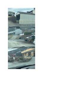 En collage av tre fotografier som viser eksisterende bygninger og omgivelser sett fra en bil.