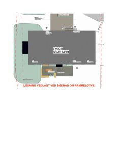Situasjonsplan som viser plassering av 'BYGG B' i forhold til eiendomsgrenser, veier og andre bygninger.