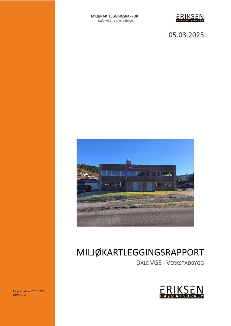 Fotografi av en eksisterende bygning (Dale VGS) som er inkludert i en miljøkartleggingsrapport.