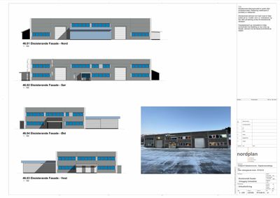 Fasadetegninger som viser eksisterende fasader på en bygning sett fra fire ulike sider (Nord, Sør, Øst og Vest).