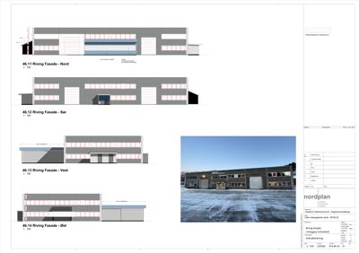 Fasadetegninger for Riving Fasadene (Nord, Sør, Vest, Øst) med en tilhørende fotografi av eksisterende bygning.
