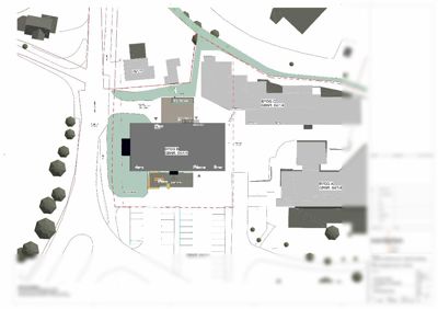 Situasjonsplan som viser tomt, bygninger, veier og parkeringsplasser.