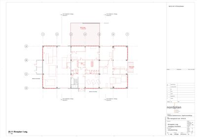 Riveplan for 1. etasje som viser romfordeling, veggposisjon og utvidelser.