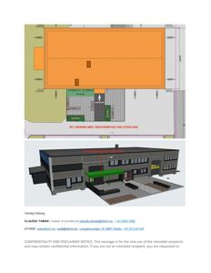 Bildet viser en tegning av en ny løsning med takoverbygg ved uteplass, samt en 3D-visualisering av fasaden. Tegningen inneholder romfordeling og utforming av det nye området.