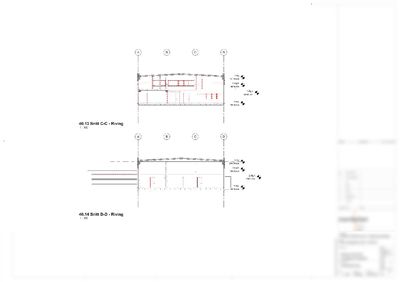Snittegning (40.13 og 40.14) som viser tverrsnitt gjennom bygningen sett fra siden, med oppgitt mål og konstruksjonsdetaljer.