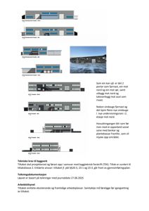 Et fotografi av en eksisterende bygning (skole) sett fra siden, med snø på bakken. Bildet er inkludert i en tegningspakke sammen med fasadetegninger og tekst.