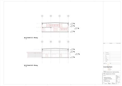 Snittegning (40.13 og 40.14) som viser tverrsnitt gjennom bygningen sett fra siden, med oppgitt mål og konstruksjonsdetaljer.