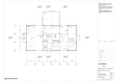 Etasjeplan (1.etg. Eksisterende plan) som viser romfordeling, dimensjoner og eksisterende elementer i en bygning.