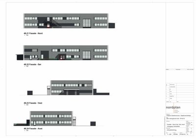 Fasadetegning som viser bygningens utseende fra fire ulike sider (Nord, Sør, Vest og Aust).