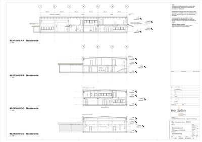 Bildet viser en serie med snittegninger (A-A til D-D) av en eksisterende bygning, inkludert mål og konstruksjonsdetaljer.